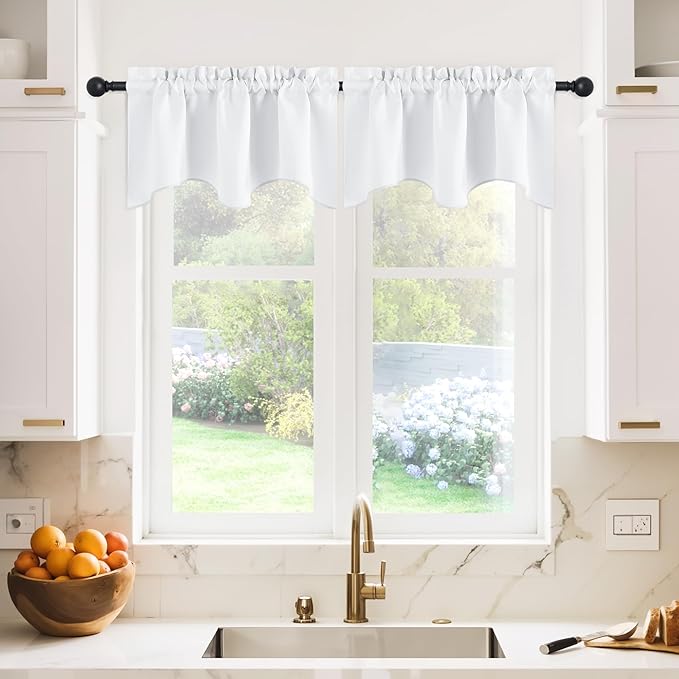 NICETOWN Window Valance Blackout Curtains - W42 x L18 inches Long Scalloped Pole Pocket Valances for Bathroom/Dorm/Cafe Shop/Kitchen/Showcase/Home Decor, Double Panels, Pure White