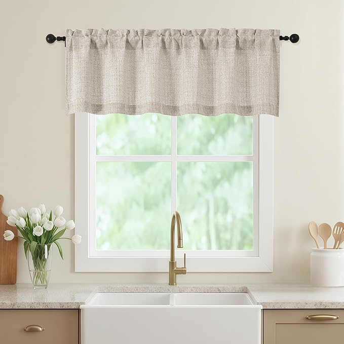 Linen Valances for Windows, Light Filtering Faux Linen Textured Small Short Valance Curtains for Bathroom Basement Farmhouse, Rod Pocket Top Half Curtains for Windows, 60Wx16L Inch