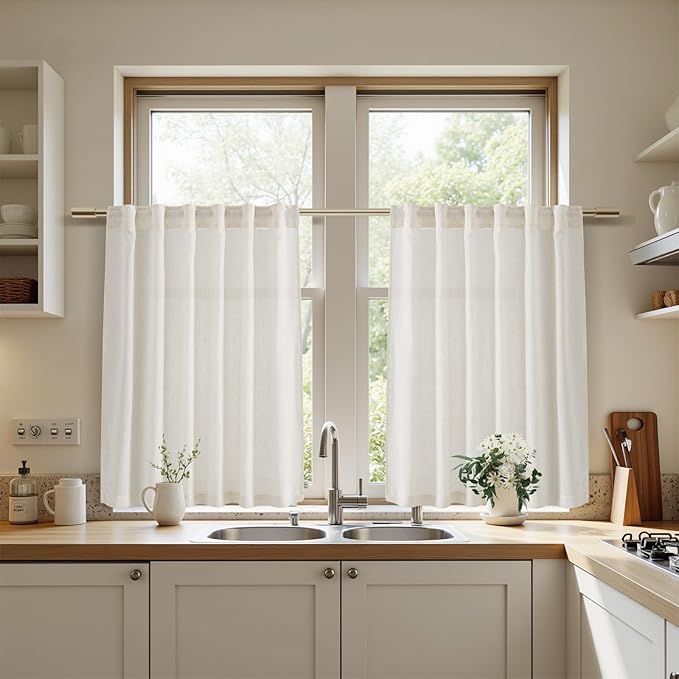 Nanspring Linen Natural Curtains for Kitchen Windows Over Sink - Cafe Drapes Semi Sheer with Back Tab and Rod Pocket Lightweight Rustic Textured Cabinet Curtain for Bathroom 29 x 24 Inch, 2 Panels