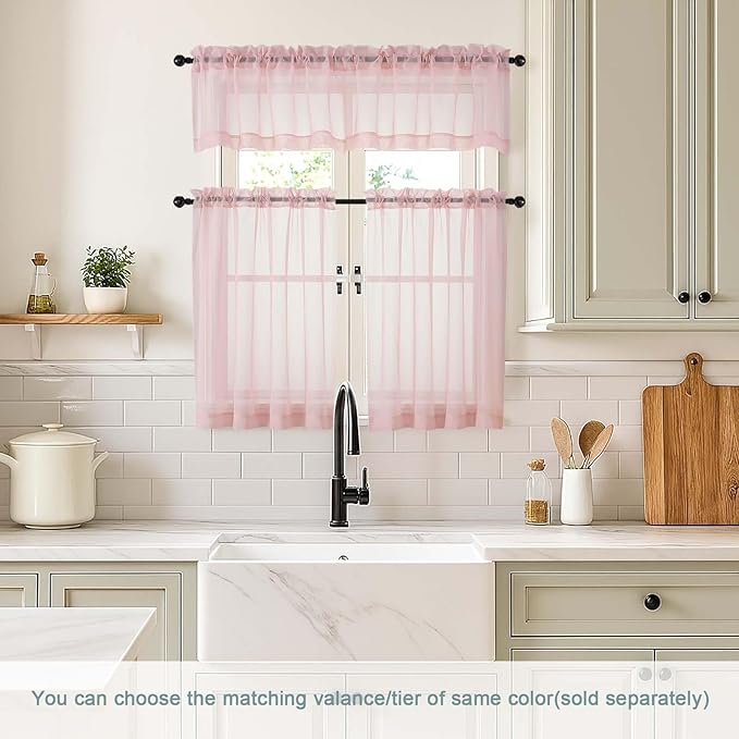 Blush Pink Small Sheer Curtains 2 Panels Set, Kitchen Curtains 36 Inch Length, Elegant Light Filtering Short Window Drapes for Living Room Bedroom, Dual Rod Pocket Design, 2x42Wx36L Inches
