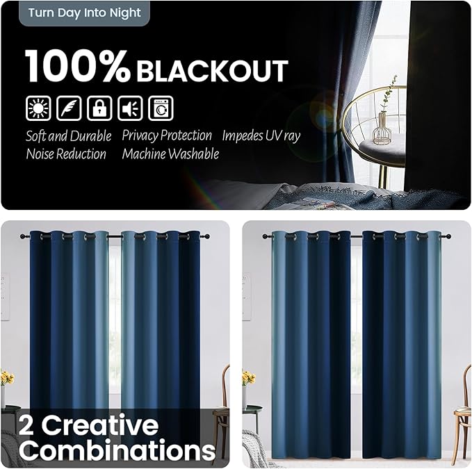 SimpleHome Blue Ombre 100% Blackout Curtains for Bedroom 63 Inches Long, Room Darkening Thermal Insulated Grommet Curtains for Living Room, 2 Panels, 52x63 inches Length