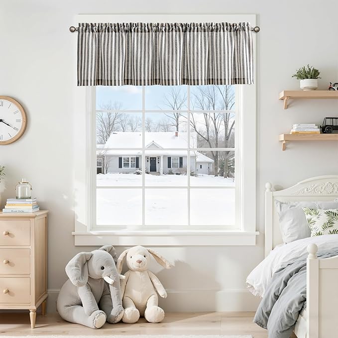 jinchan Valance Curtain Linen Textured Striped Window Curtain for Living Room Light Filtering Farmhouse Valance for Kitchen Rod Pocket 1 Panel 16 Inch Charcoal Grey on Linen 1 Panel
