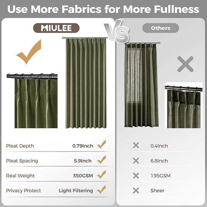 MIULEE Olive Green Pinch Pleated Thick Linen Curtains 102 Inches Long 2 Panels for Living Room Bedroom, Linen Texture Drapes Memory Trained Semi Sheer Moss Green Window Curtains with Hooks&Rings