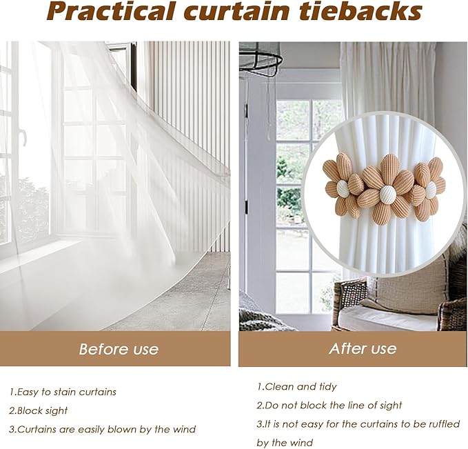 SRG Sunflower Curtain Tiebacks-2 Pack | Curtain Holdbacks with Three Flower | Curtain Tiebacks Boho | Japanese Curtain Ties | Cute Flower Curtain Ties Decorative for Bedroom Window Treatment （Khaki）