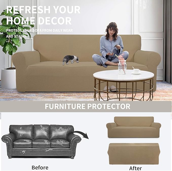 Easy-Going Stretch Sofa Slipcover 1-Piece Sofa Cover Furniture Protector Couch Soft with Elastic Bottom for Kids, Polyester Spandex Jacquard Fabric Small Checks (Sofa, Tan)