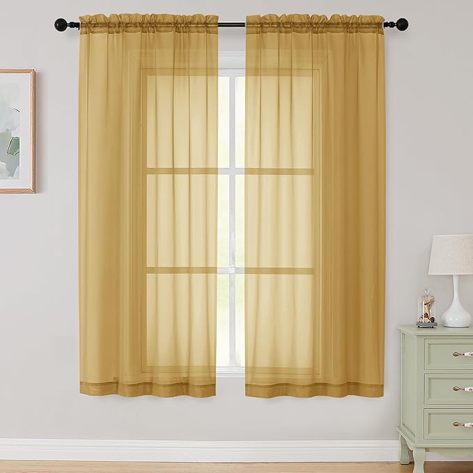 Sheer Gold Curtains for Bedroom Living Room 63 Inch Length 2 Panels, Airy Soft Light Filtering Sheer Dining Room Curtains, Modern Rod Pocket Drapes, Gold, Each 42" Wx63 L Inches