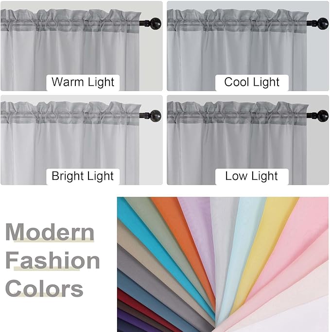 Kitchen Curtains 24 Inch Length Tier 2 Pieces, Light Grey Sheer Curtain Solid Soft Sheer Short Curtains for Windows, Cafe Bathroom Basement Rod Pocket Drapes, Light Grey, Each 42"Wx24"L Inch