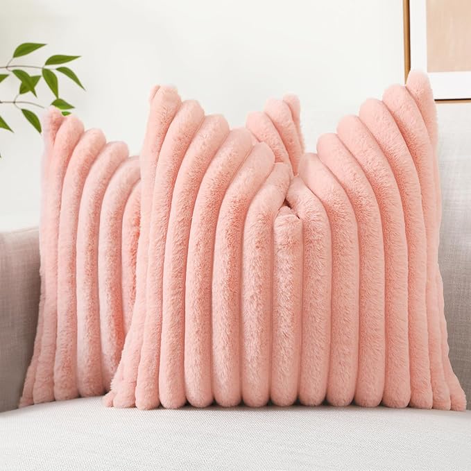 decorUhome Summer Cozy Faux Fur Throw Pillow Covers 24x24 Set of 2 Decorative Plush Striped Modern Farmhouse Boho Couch Euro Sham Pillow Cases with Velvet Back for Sofa Bed Living Room, Blush Pink