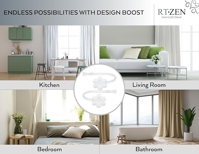 RTZEN Decorative Metal Curtain Tiebacks - Farmhouse Wrought Iron Curtain Holdbacks - Drapery Holders for Wall - Unique Metal Tie Backs for Curtains - 2 Pcs (White Flower)