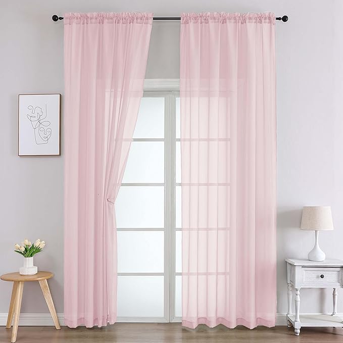 Blush Sheer Curtains 90 Inches Long 2 Panels Set for Bedroom Living Room, Soft Airy Light Filtering Modern Solid Rod Pocket Drapes Window Treatments, Blush, Each 59" W x 90" L