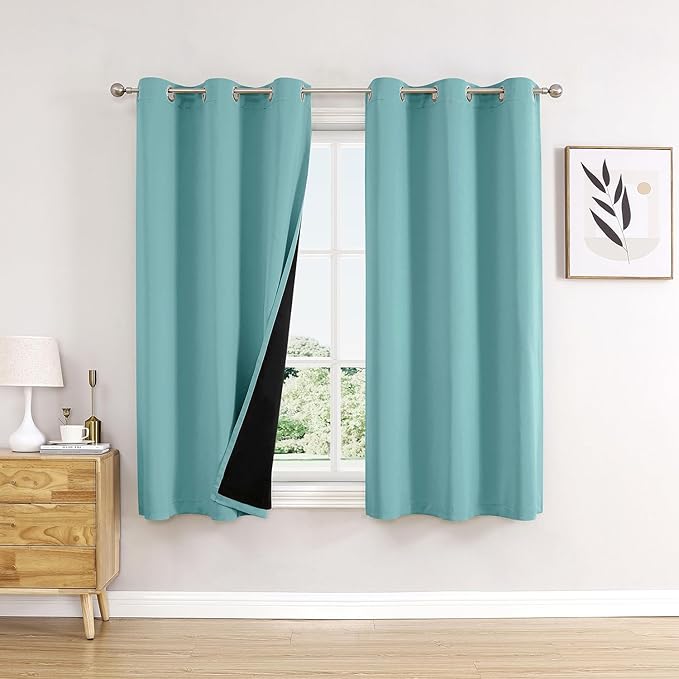 ChrisDowa 100% Blackout Curtains 63 inch Long for Bedroom with Black Liner, 2 Thick Layers Total Blackout Thermal Insulated Grommet Window Curtains 2 Panels Set (Aqua, 38 x 63 Inch)