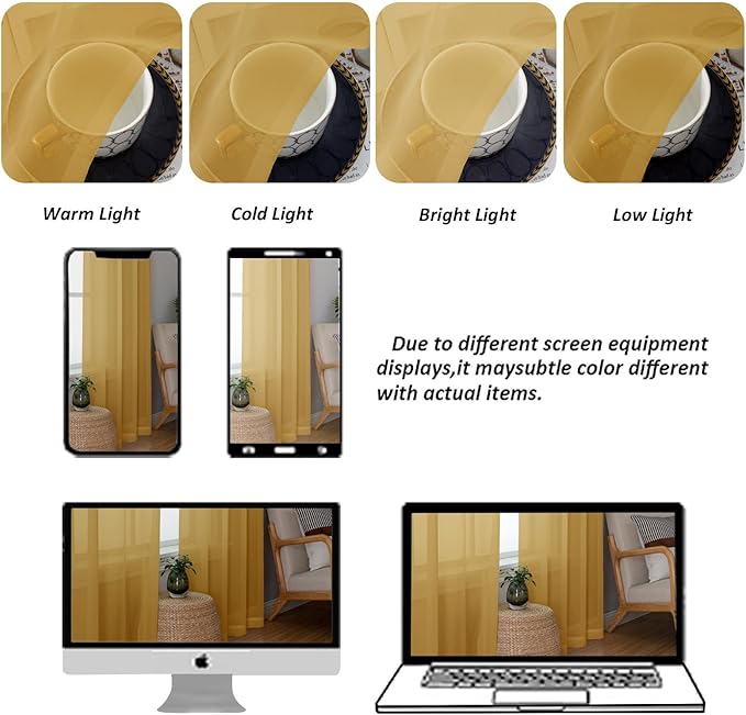 Chyhomenyc Gold Sheer Curtains 90 Inches Long 2 Panels, Light Filtering Gold Curtains for Living Room, Soft Gentle Voile Rod Pocket Bedroom Window Drapes, 59Wx90L Inch, 2PCS
