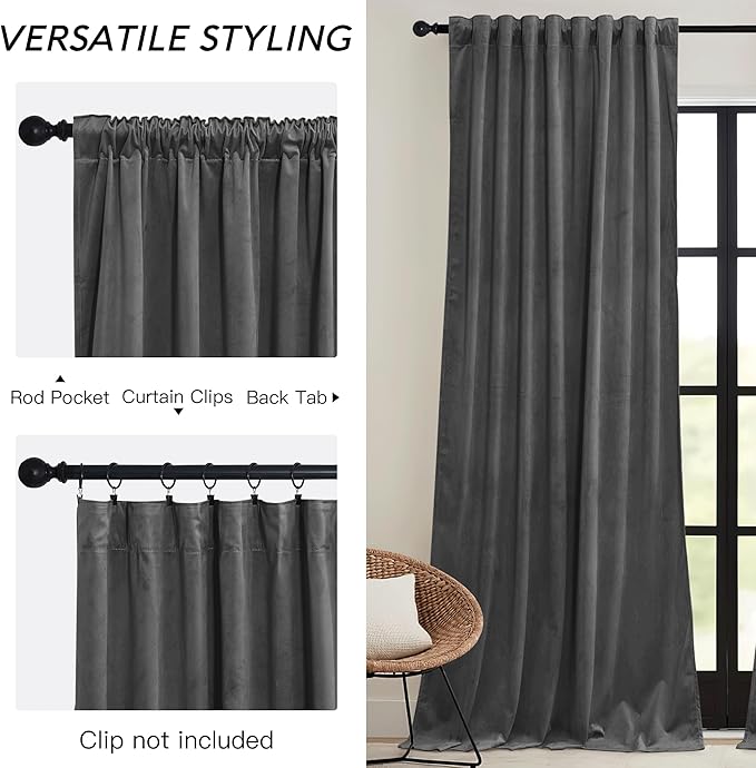 RYB HOME Velvet Blackout Curtains for Bedroom - Super Soft Room Darkening Curtains Thermal Insulated Drapes Heat Block Window Panels for Living Room, Wide 52 x Long 96, Grey, 2 Panels