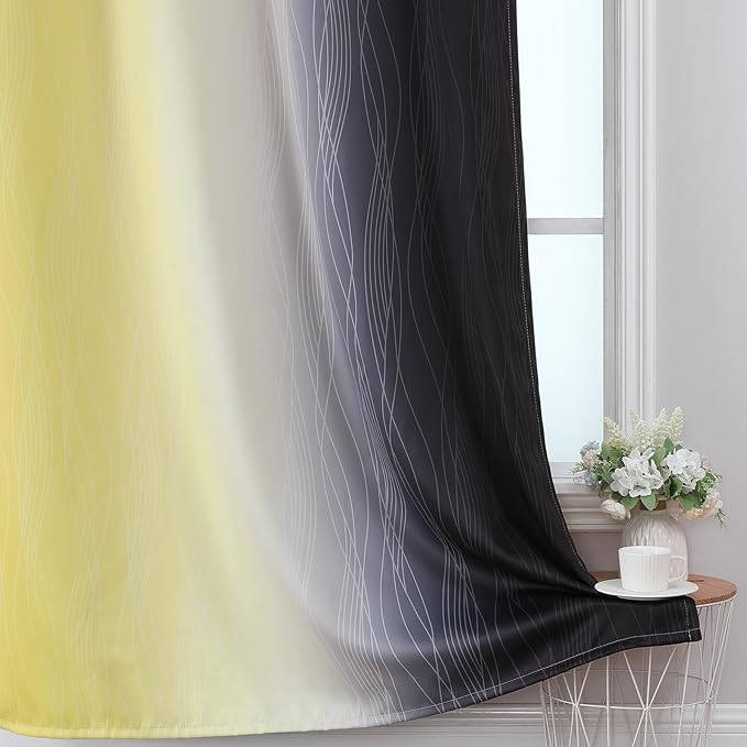 Estelar Textiler Black and Yellow Ombre Blackout Curtains for Bedroom, Room Darkening Energy Saving Grommet Curtains for Living Room, Thermal Insulated Gradient Blackout Drapes,52Wx84L,2 Panels