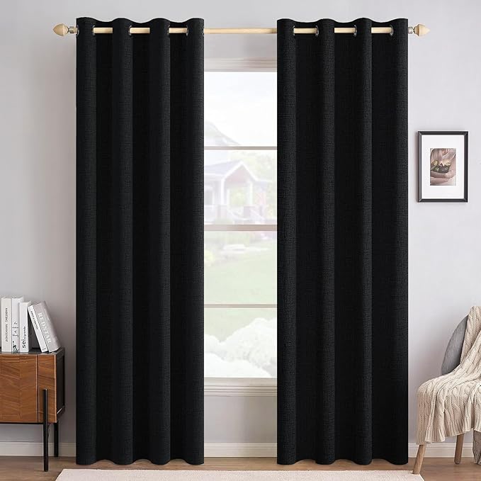MIULEE Linen Texture Curtains for Bedroom Solid 100% Blackout Thermal Insulated Halloween Black Curtains Grommet Room Darkening Curtains/Draperies for Living Room Nursery 52x72 Inch (2 Panels)