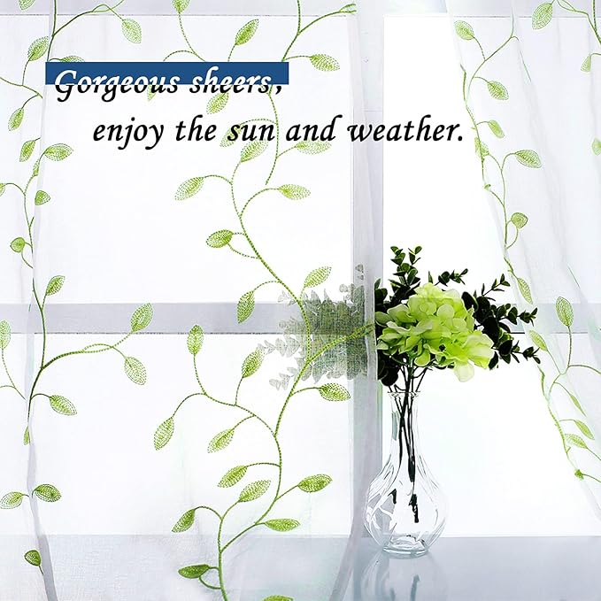 MRTREES Sheer Valance Curtain 54 x 16 inch Leaves Embroidered Sheer Christmas Valances Living Room Window Bedroom Embroidery Rod Pocket Small Window Treatment 1 Panel Green Leaves