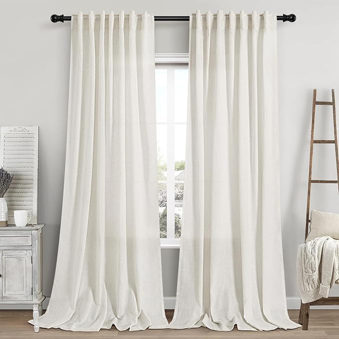 Cream Linen Curtains 109 Inches Long for Living Room Extra Long Back Tab Curtains Neutral Farmhouse Light Filtering Semi Sheer Linen Drapes Ceiling to Floor for Large Window 2 Panels Set 52x109