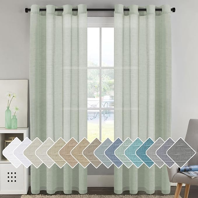 H.VERSAILTEX Linen Curtains Natural Linen Blended Curtain Panels for Living Room/Light Reducing Linen Semi Sheer Curtains 96 inch Length 2 Panels Set Nickel Grommet Window Panels, Sage