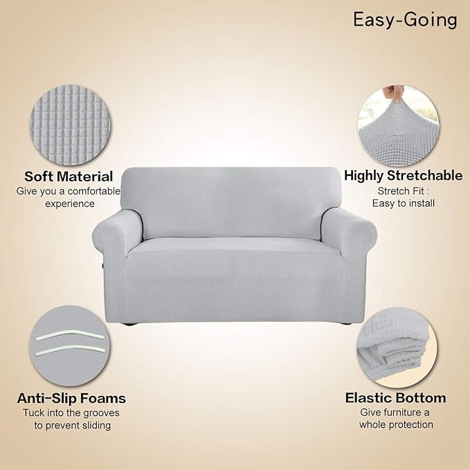 Easy-Going Stretch Oversized Sofa Slipcover 1-Piece Sofa Cover Furniture Protector Couch Soft with Elastic Bottom for Kids, Polyester Spandex Jacquard Fabric Small Checks Silver Gray
