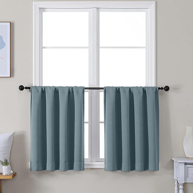 Simplebrand Ava Stone Blue Short 24 Inches Blackout Curtain 2 Panels Set, Half Window Rod Pocket Privacy Curtain Tiers for Kitchen, Curtains Blackout for Bathroom Shades, W30 x L24 Inch, Stone Blue