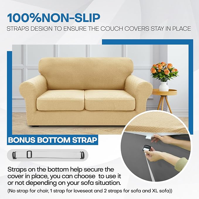 XINEAGE 2026 New 3 Pieces Couch Covers for 2 Extra Large Cushion Sofa Super Stretch Sofa Cover for 2 Large Seat Cushion Universal Loveseat Slip Cover for Living Room (Beige), 71"-91"(2 Cushions)