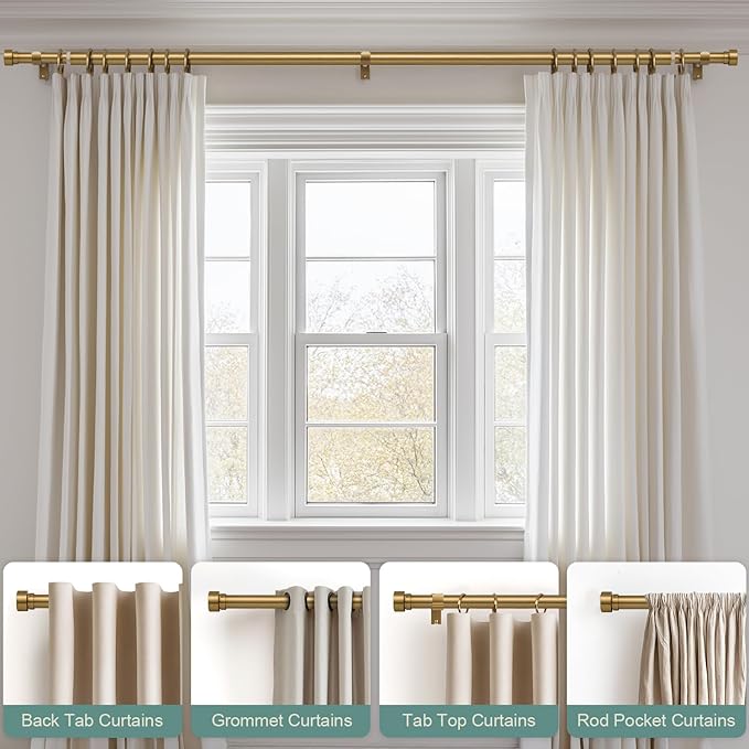 Lootkell 2 Pack Warm Gold Curtain Rods for Windows 48 to 84 Adjustable Length Heavy Duty 1" Diameter Brass Window Curtain Rod with Solid Metal Finials for Outdoor Farmhouse Bedroom Kitchen Living Room