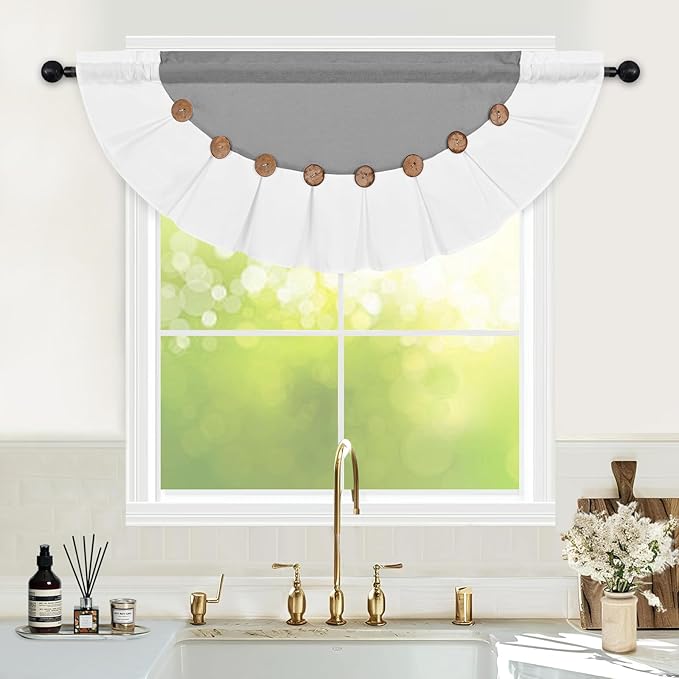FRAMICS Farmhouse Valance Curtains, Boho Cotton Linen Kitchen Valance, Grey Rustic Button Window Valances for Bathroom Bedroom, Country Rod Pocket Valances, Semi-Circular, Grey, 52 x 18 Inch