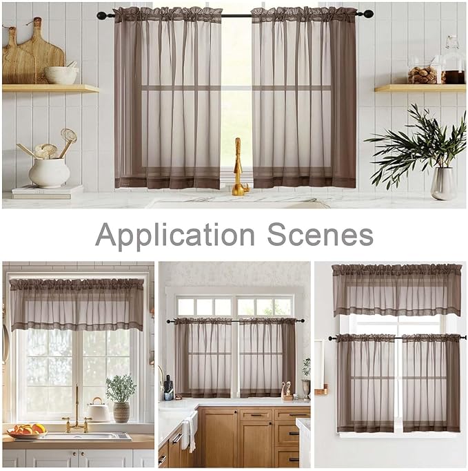 Cafe Curtains 36 Inch Length Tier 2 Pieces, Modern Soft Airy Sheer Kitchen Short Curtains for Small Window, Rod Pocket Small Curtain for Bathroom Basement, Chocolate, Each, 42"Wx36"L Inches