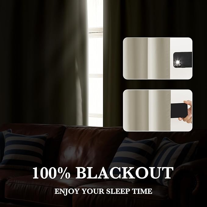 RYB HOME Bedroom Blackout Curtains 54 inches Long, 100% Blackout Thermal Insulated Noise Reducing Curtains for Living Room Nursury, 42 inches Wide by 54 inches Long, Natural
