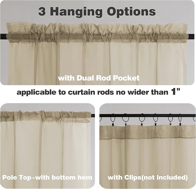 Chyhomenyc Taupe Sheer Curtains 24 Inch Length, Short Window Curtains for Bathroom Living Room Basement, Light Filtering Small Cafe Curtains, 42W x 24L Inches, 2 Panels