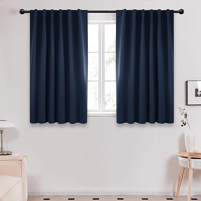 Deconovo Blackout Curtains for Kitchen Window Back Tab and Rod Pocket Curtains Room Darkening Curtains 52Wx45L Inch Navy Blue 2 Panels
