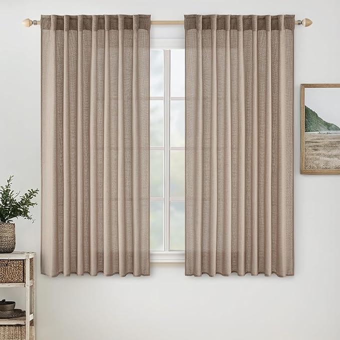 MIULEE Taupe Linen Curtains 63 Inch Length 2 Panels for Bedroom Living Room, Soft Thick Linen Textured Kitchen Window Drapes Semi Sheer Light Filtering Back Tab Rod Pocket Burlap Look Decor