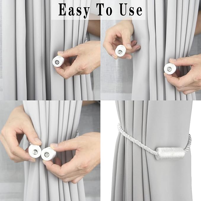2 Pack White Strong Magnetic Curtain Tiebacks Outdoor Elegant Decorative Tie Backs Modern Rope Tiebacks for Drapes Window Curtain Holdbacks for Draperies
