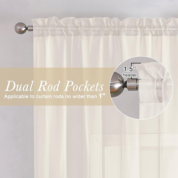Lecloud Ivory Sheer Curtains 48 Inch Length 2 Pcs, Rustic Farmhouse Curtains with Rod Pockets, Light Filtering Window Solid Drapes for Bedroom Bathroom Basement Living Room, Each Panel 42" W x 48" L