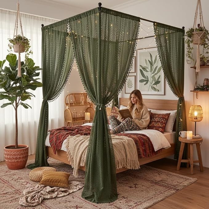 WAZZIO Boho Lace Curtains 84 Inches 2 Panel,Light Filtering Privacy Tassel & Geometry Crochet Semi Sheer Curtain Drapes for Bedroom Living Dining Room,Rod Pocket & Tassel,Olive Green