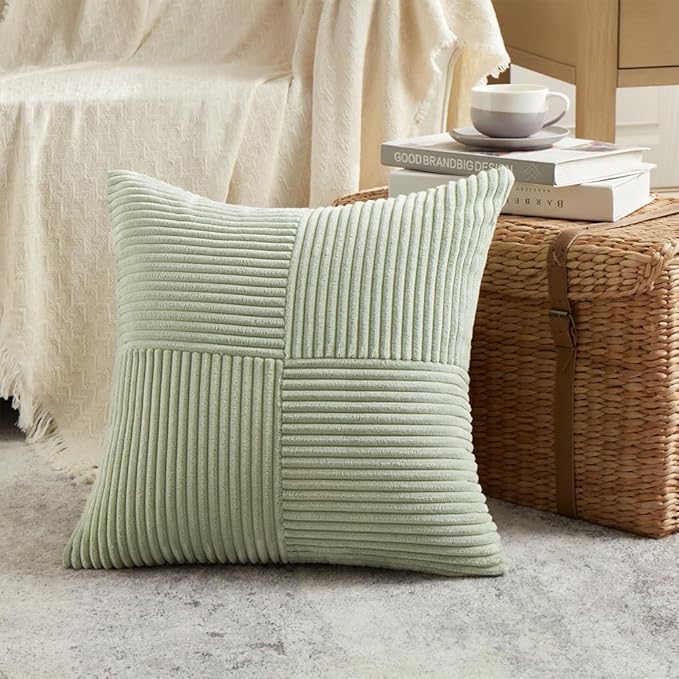 Fancy Homi 2 Packs Sage Green Decorative Throw Pillow Covers 22x22 Inch for Living Room Couch Bed Sofa, Farmhouse Boho Home Decor, Soft Corss Corduroy Patchwork Accent Square Cushion Case 55x55 cm