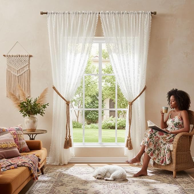 WAZZIO Boho Lace Curtains 2 Panels 63 Inches -Cute Vintage Victorian Sheer Panel Drape French Country Floral Pattern & Tassel Light Filtering Privacy for Bedroom Dining Living Room,White,W52x L63