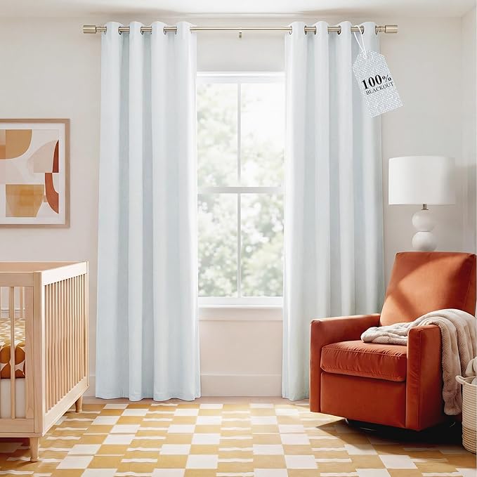 NICETOWN Farmhouse 100% Blackout Linen Curtains for Bedroom, Off White, W52, 2 Pieces, Noise Reducing Textured Linen Look 90 inch Length Curtains for Living Room