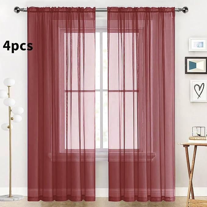 SpaceDresser Burgundy Sheer Curtains 4 Panels Rod Pocket Semi-Sheer Curtain 108 Inches Long Light Filtering Voile Window Drapes for Bedroom Living Room Kitchen, Each 52W x 108L