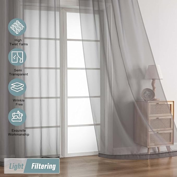 Grey Sheer Curtains 84 Inches Long 2 Panels, Elegant Airy Transparent Light Filtering Window Curtains, Window Drapes for Living Room Bedroom, Dual Rod Pocket, Charcoal Grey, 2x42Wx84L Inches