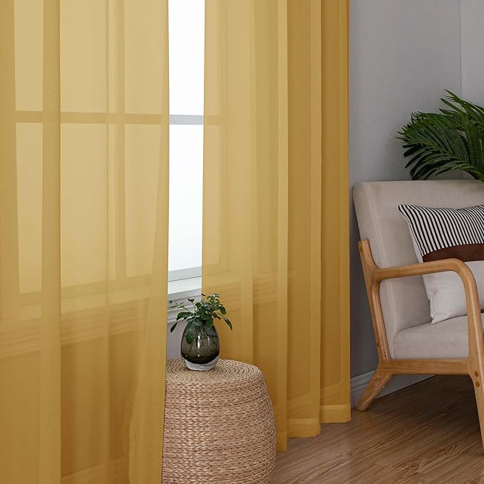 Chyhomenyc Extra Long Gold Sheer Curtains 108 Inches Long 2 Panels, Light Filtering Gold Curtains for Living Room, Soft Gentle Voile Rod Pocket Bedroom Window Drapes, 59Wx108L Inch, 9FT, 2PCS