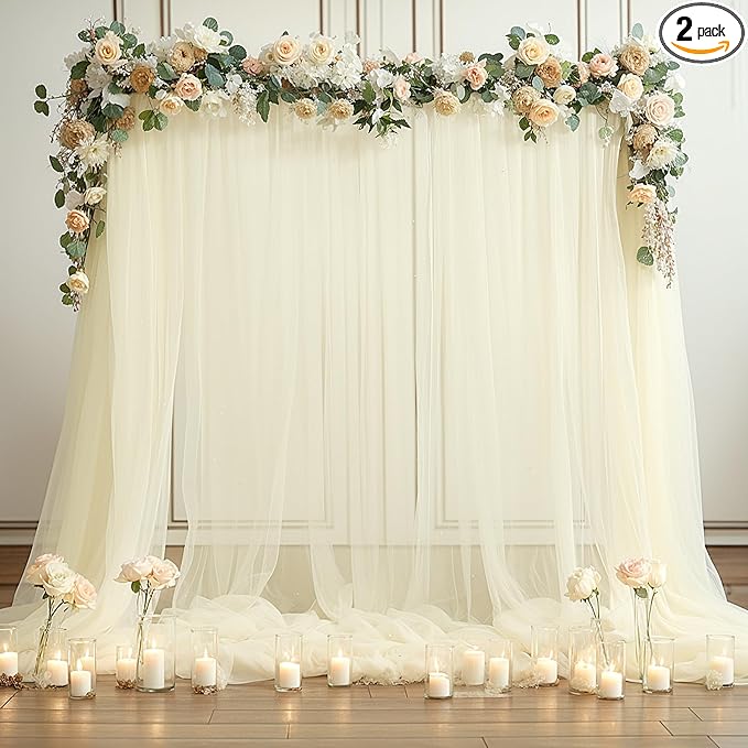 Ivory Tulle Backdrop Curtain for Wedding Parties 10ft x 8ft Sheer Backdrop Curtains for Bridal Shower Birthday Baby Shower Photo Shoot Background Decorations 2 Panels 5ft x 8ft