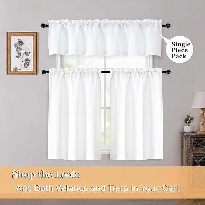 OWENIE White Valances for Windows 1 Pcs, Light Filtering Textured Farmhouse Short Small Valance Curtains for Bathroom Basement Living Room Bedroom, Rod Pocket Half Curtains Over Sink, 52" Wx16 L