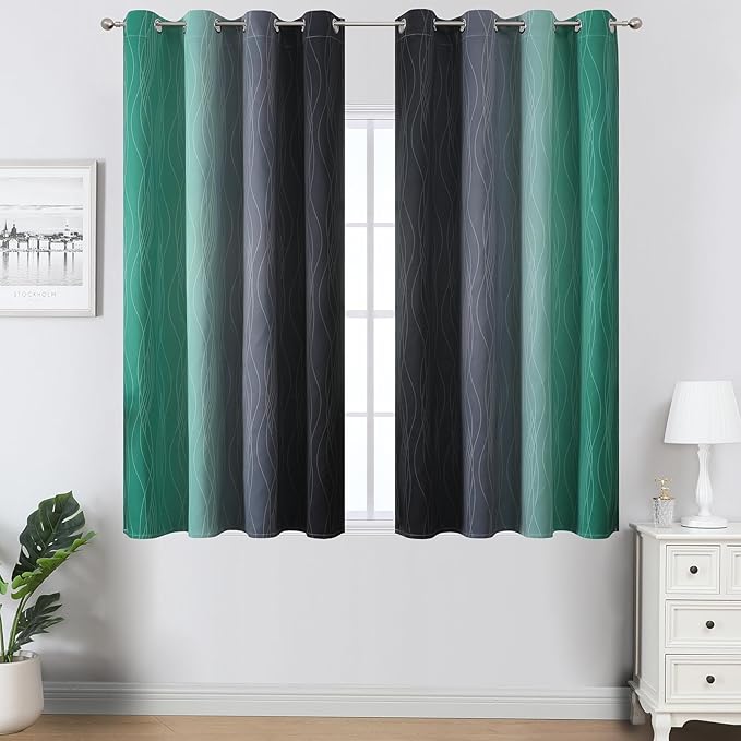 Estelar Textiler Green and Black Ombre Blackout Curtains 54 Inch Length for Kitchen, Room Darkening Thermal Insulated Energy Efficient Grommet Drapes for Bedroom,52x54 Inch,2 Panels