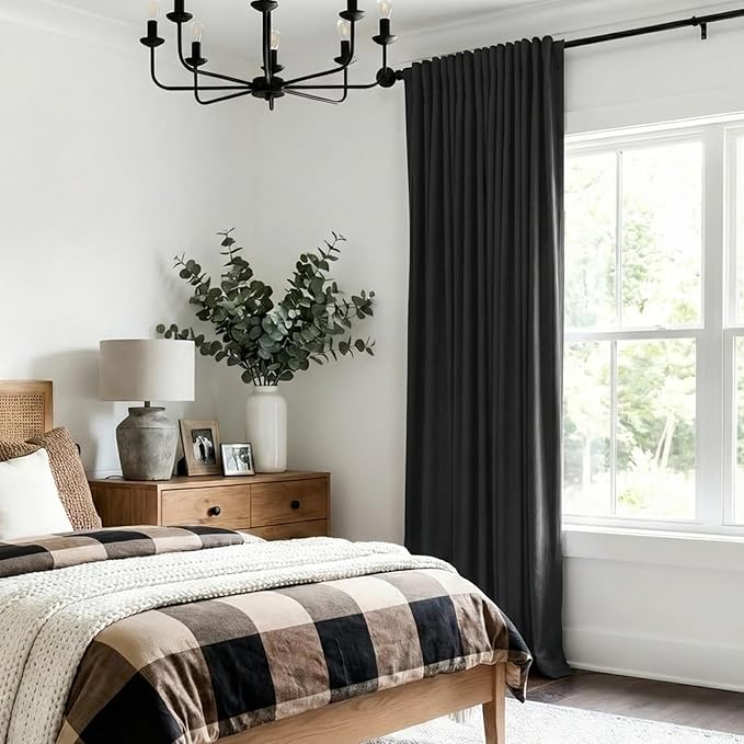 100% Blackout Shield Linen Blackout Curtains for Bedroom 96 Inches Long, Back Tab/Rod Pocket Living Room Drapes, Thermal Insulated Blackout Curtains 1 Panel Set, 100" W x 96" L, Black