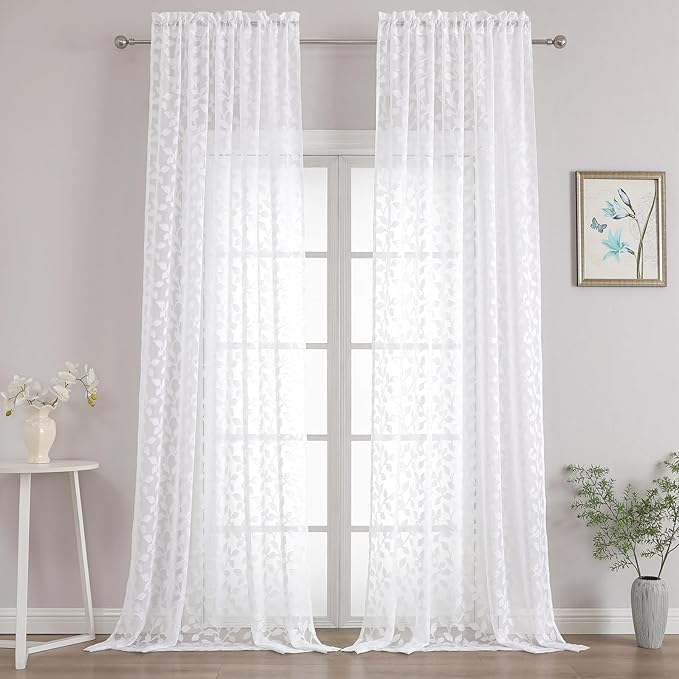 Chyhomenyc Extra Long White Sheer Curtains 120 Inch Length 2 Panels Set, Light Filtering Tufted Textured Soft Airy Rod Pocket Gentle Leaf Window Treatment Drapes for Living Room, 52" Wx120 L, 2PCS