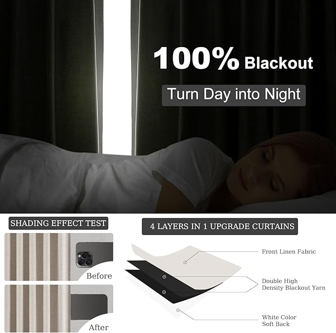 Topfinel Black Out Rustic 96 Inch Long Linen Curtains 2 Panel Set, Modern Farmhouse Greige Grey Curtains for Living Room, Room Darkening Tab Top Noise Reduction Textured Drape 8FT Hook&Ring Included