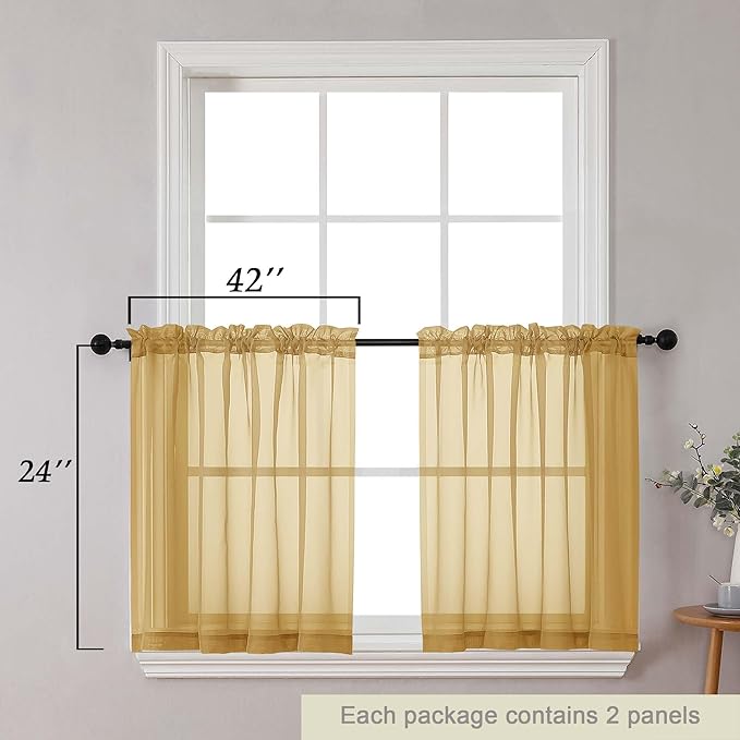 Kitchen Curtains 24 Inch Length Tier 2 Pieces, Gold Sheer Curtain Solid Soft Sheer Short Curtains for Windows, Cafe Bathroom Basement Rod Pocket Drapes, Gold, Each 42" Wx24 L Inches