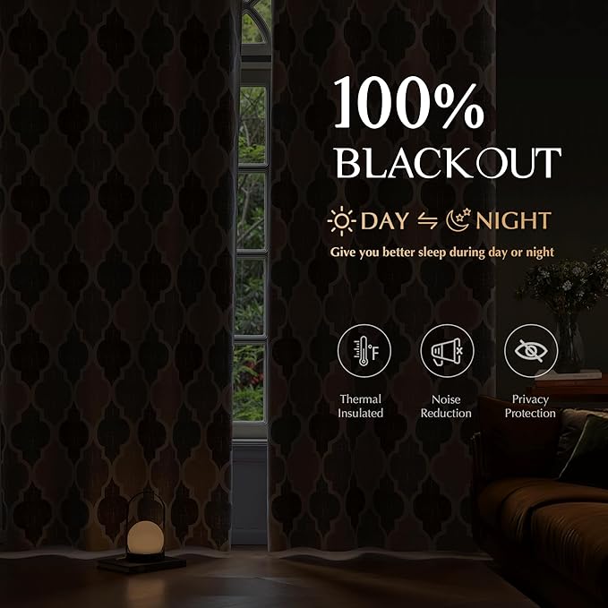 Beauoop 100% Blackout Curtains 90 Inches Long 2 Panels for Bedroom Living Room Brown Grey Moroccan Geo Room Darkening Thermal Insulated Soundproof Grommet Top Window Treatments Drapes, 50x90 Set of 2