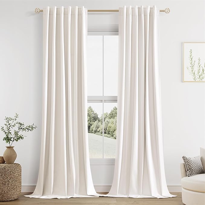 Guken 100% Blackout Linen Curtains 98 Inch Wide by 52 Inch 2 Panels Set for Living Room Bedroom Back Tab Thermal Insulated Black Out Linen Drapes Room Darkening Window Curtains, Ivory